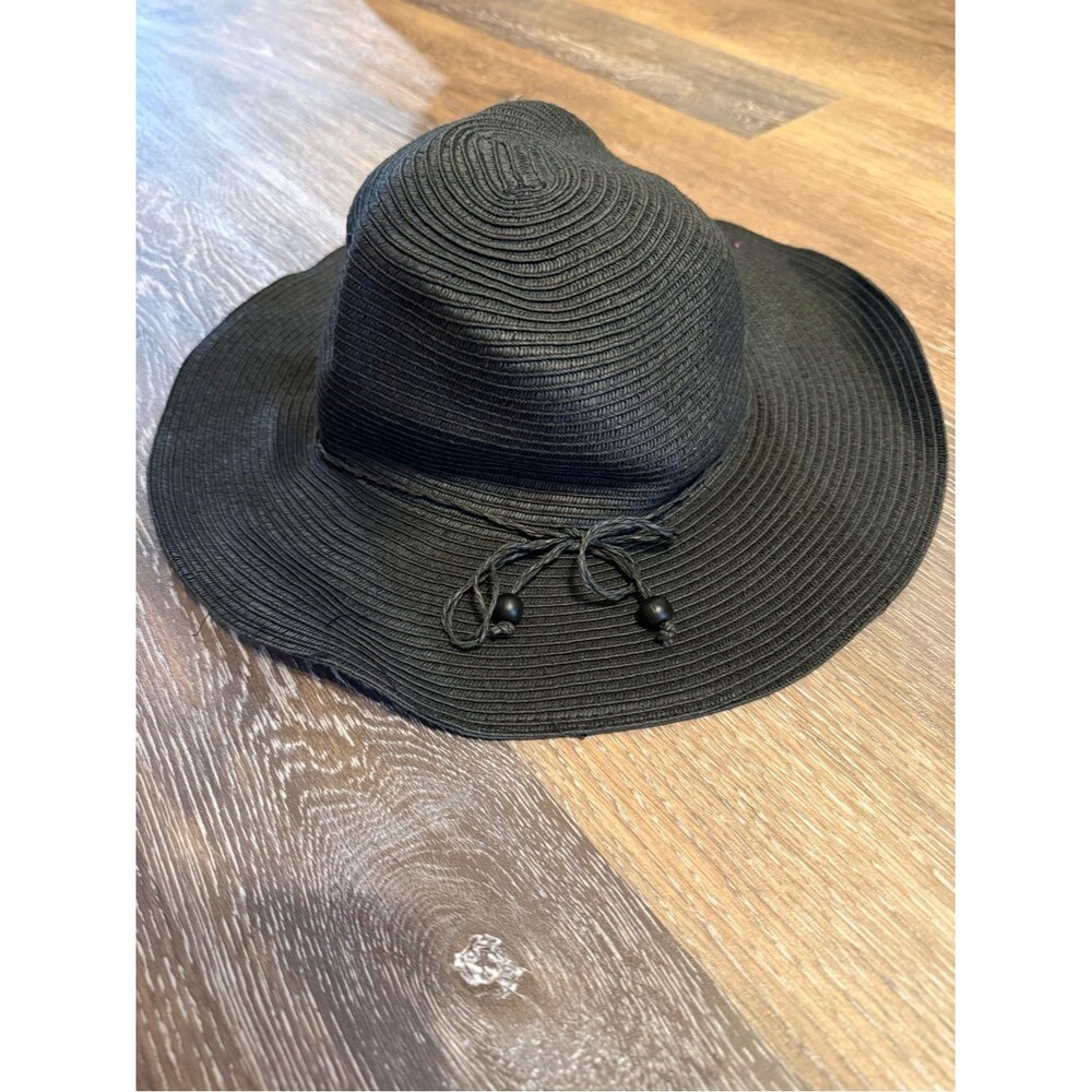August Hats Black Wide Brim Straw Sun Hat with Drawstring